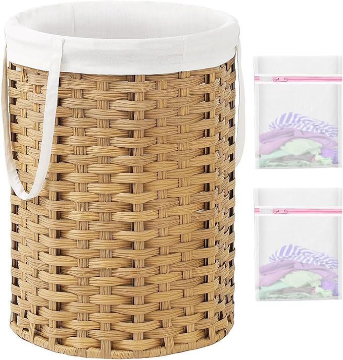 Laundry Hamper Laundry Basket Round 19.0 Gal (72 L) Handwoven Rattan Hamper, Large Wicker Hamper Basket with Removable Liner Bag Handles 2 Mesh Bags for Bathroom Living Room Natural (No Lid)