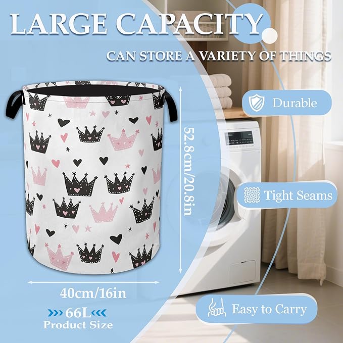 Pink Crowns Laundry Basket Collapsible Laundry Hamper Clothes Toy Storage Bin for Bathroom Bedroom Room Decor 16" X 20.8"
