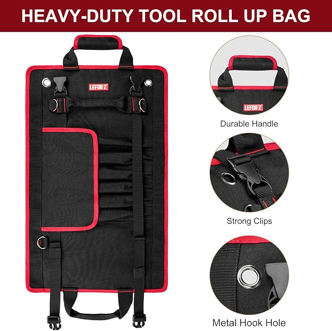 Tool Bag,Large Roll Up Tool Bag Organizer,13 Pockets Tool Roll Storage Pouch,Heavy Duty Portable Tool Storage Carrier Bag for Men,Mechanic,Electrician & Hobbyist,Black/Red