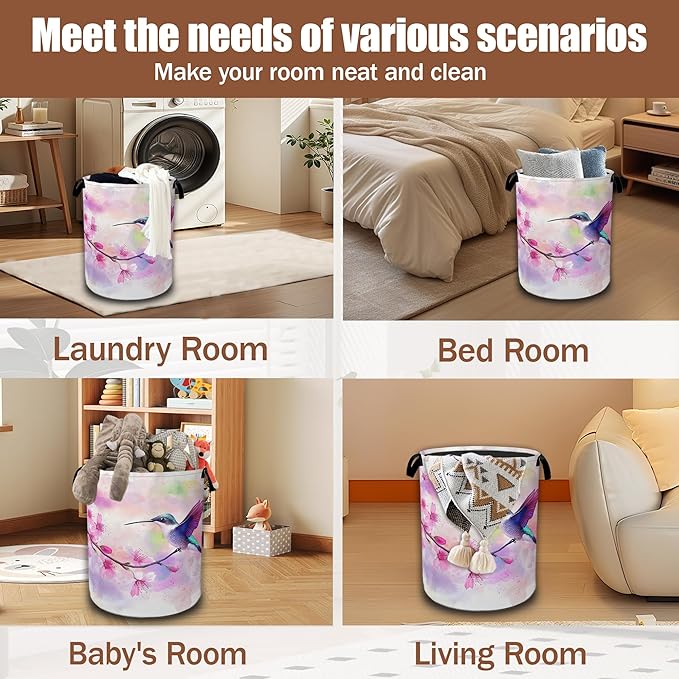 Laundry Basket,Cherry Blossoms and Humming Bird Collapsible Laundry Hamper Waterproof Oxford Cloth With Handles,Storage Bucket Toy Organizer For Bathroom/Bedroom/Nursery,16" x 20.8"