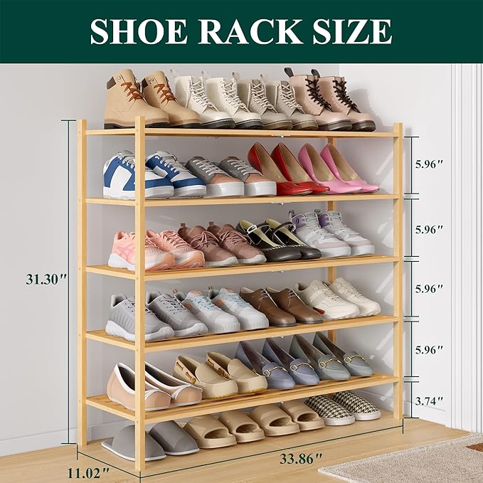 Smiry Long Bamboo Shoe Rack 5-Tier, Stackable Wooden Shoe Organizer for Entryway & Closet, Free Standing Wood Shoe Storage Shelf for Front Door & Small Spaces, Natural