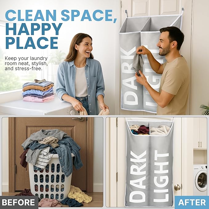 Hanging Laundry Hamper Bag XL, Space Saving over the Door Storage Bags, Behind the Door Hampers for Dirty Clothes & Wall Mounted Basket for Bathroom (Grey -2Pack, Double Compartment)