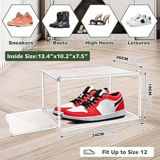 12 Pack Drop Front Acrylic Shoe Boxes with Magnetic Door Fit US Size 12, Clear Stackable Shoe Organizer for Closet, Entryway, Underbed, Multiple Display Cases for Hats, Figures, Sneakers