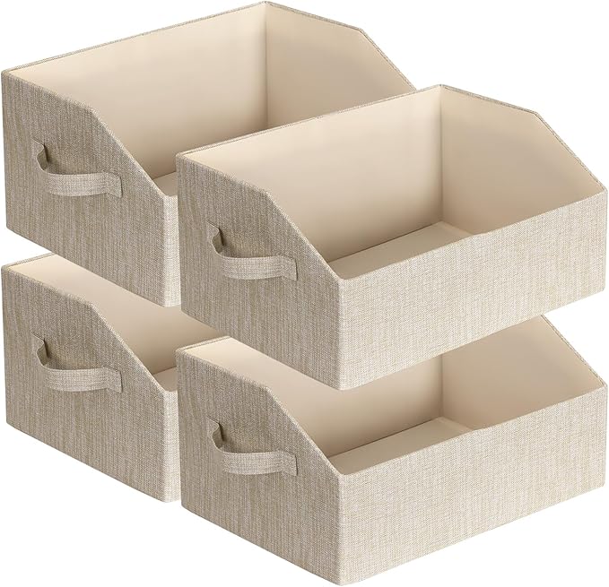 Closet Organizer Bins, Fabric Storage Bins Foldable Storage Box Shelf Baskets Container Trapezoid Storage Bin for Organizing Home Office Shelves Wardrobe RV, 4 Pack, Beige