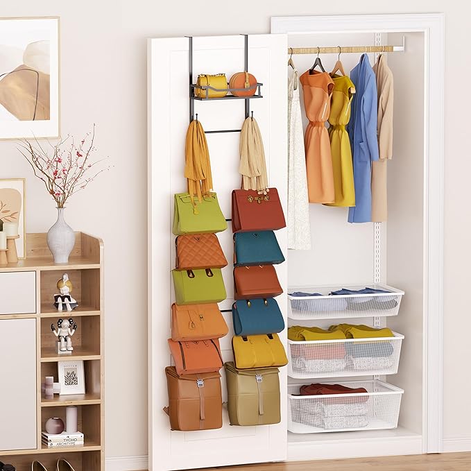 SWTYMIKI Over The Door Purse Organizer - Wall Mounted Purse Rack with 16 Hooks and Metal Basket, Hanging Handbag Storage Organizer Holds up to 16 Bags, Bag Rack Can Use As 1/2 Part, for Door, Closet