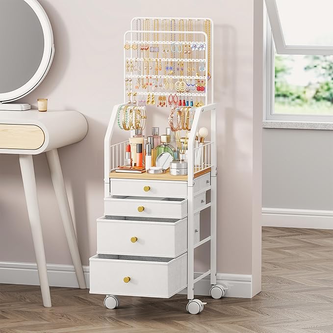 SWTYMIKI Large Jewelry Organizer Stand - Multifunctional Rack Tower for Necklace, Earring, Ring & Bracelet Display - Moveable Storage Jewelry Holder Stand with 4 Nonwoven Drawers for Bedroom White