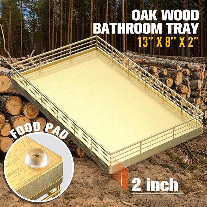 Large Bathroom Vanity Tray – 13" x 8" Oak Decorative Wooden Tray for Bathroom Countertop & Vanity Organizer, Rectangular Wood Tray for Perfume, Skincare, Storage, Vanity Dresser Counter Decor, Gold