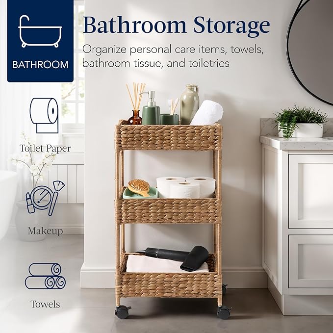 Best Choice Products 3-Tier Water Hyacinth Rolling Nursery Caddy w/Wheels, Utility Cart, Storage Organization for Bathroom, Craft Room, Laundry Room– Chestnut