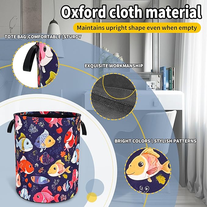 Fish Laundry Basket Funny Cartoon Foldable Oxford Cloth Tote Bag Laundry Hamper Clothes Storage Bucket Toy Organizer For Bathroom/Laundry Storage/Bedroom 18.9x16.5 Inch