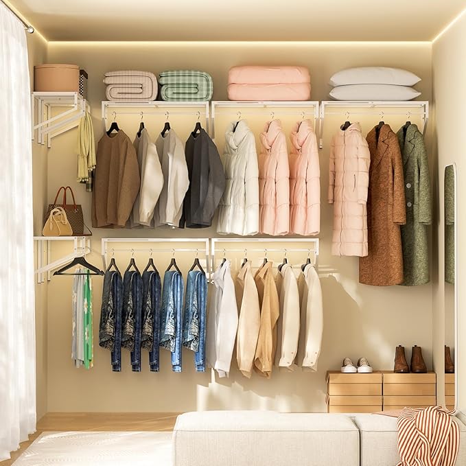 Expandable Closet Shelves Wall Mounted, 2 Pack Closet Shelving with Hanging Rods, Wall Shelving for Walk-in Closet, Hanging Shelves Organizer and Storage for Closet, Laundry