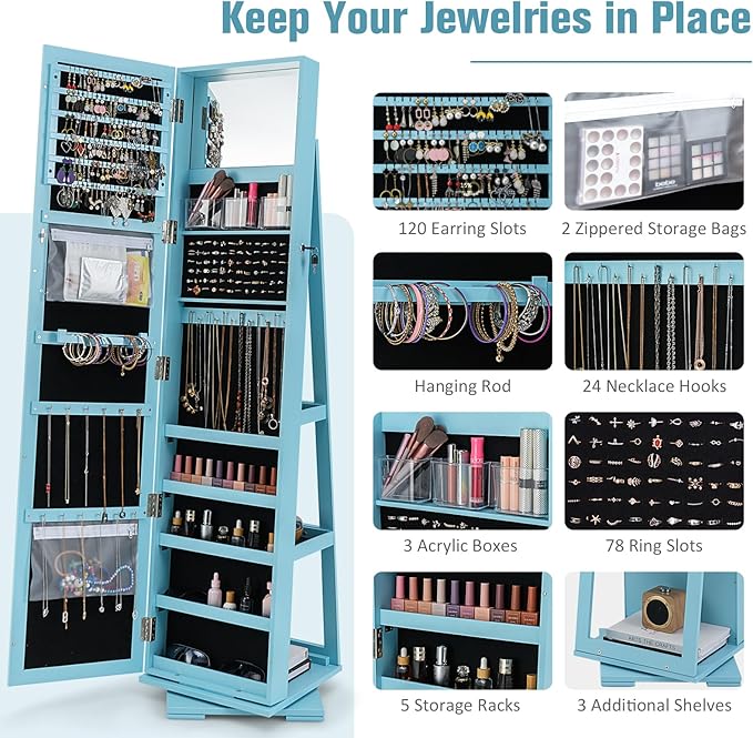 360° Swivel LED Mirror Jewelry Cabinet with Full Length Mirror, Lockable Floor Standing Mirrored Jewelry Armoire Organizer w/Inside Makeup Mirror & Back Storage Shelves, Space-Saving (Sky Blue)