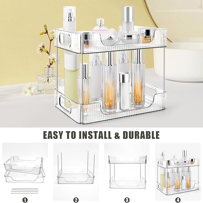 2-Tier Bathroom Counter Organizer Countertop Storage, Dresser Organizer Vanity Tray for Makeup, Perfume Organizer Cosmetics Skincare Shelf- Clear