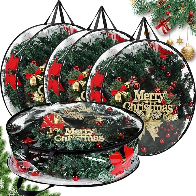 Shappy 4 Pieces Christmas Wreath Storage Container 30 Inch Wreath Plastic Storage Bags with Dual Zippers and Handles for Xmas Thanksgiving Holiday Artificial (Clear,Black)