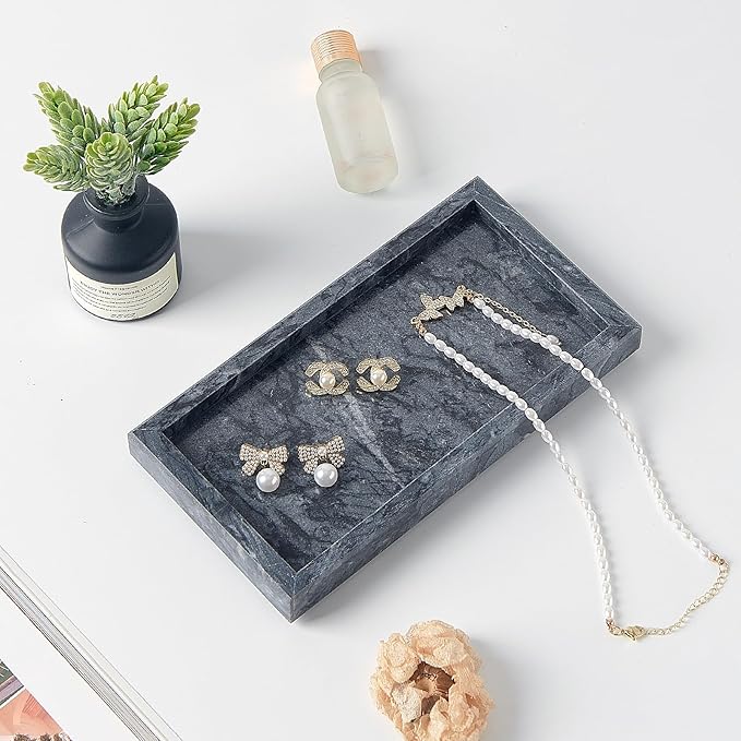 Natural Small Marble Vanity Tray, Luxury Stone Organizer for Bathroom & Kitchen | Holds Soap Dispenser, Jewelry, Perfume | Non-Resin, Non-Ceramic Décor