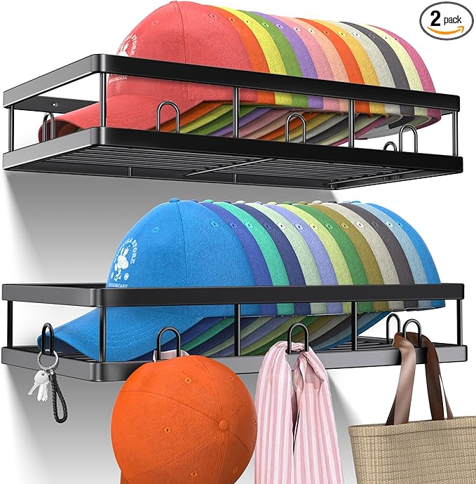Sunfanie 2 Packs Metal Hat Rack for Wall, Holder with Multiple Hooks, Organizer for up to 40 Baseball Caps, Sturdy Wall Drilled Rack, Storage for Door/Closet, Black