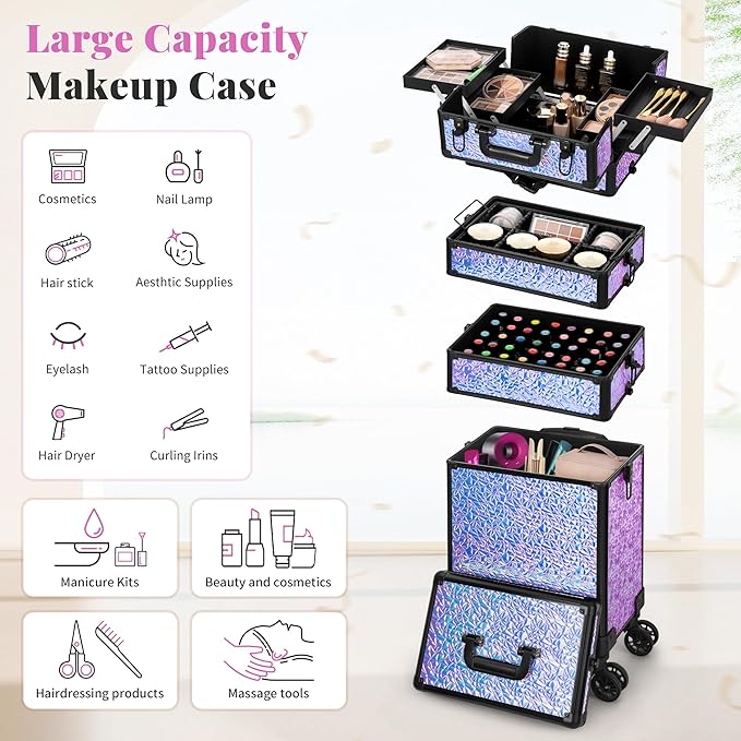 Profesional Rolling Makeup Train Case with Lid, 5 in 1 Cosmetology Case on Wheels, Large Cosmetic Trolley Organizer Travel for Hairstylist Artist Nail Beauty Salon Barber, Gravel Purple