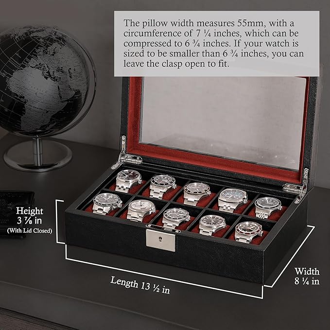 ROTHWELL 10 Slot Leather Watch Box - Luxury Case Display Jewelry Organizer - Locking Watch Display Case Holder with Large Glass Top - Box Organizer for Men and Women (Black/Red)