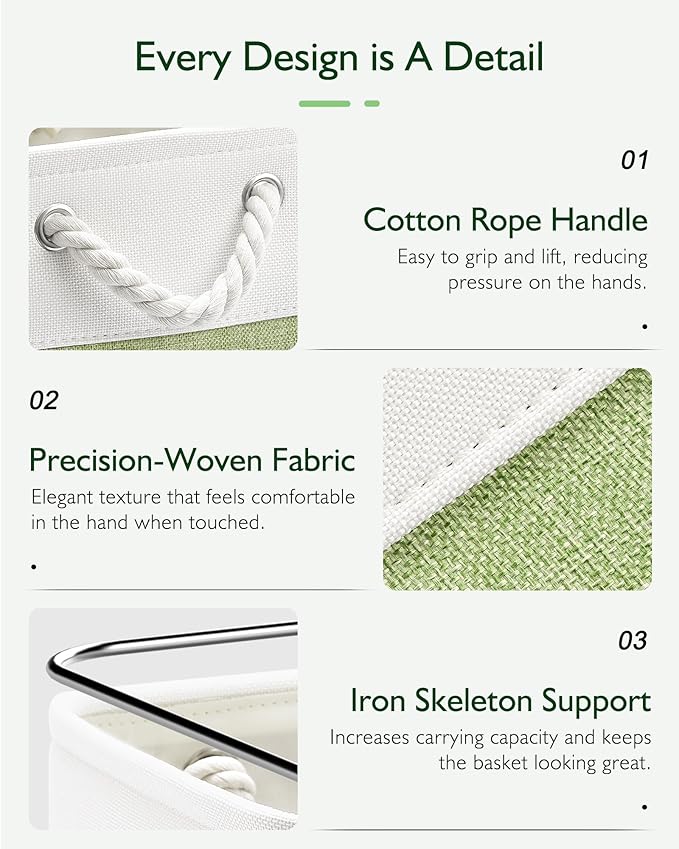 11 Inch Storage Cubes 4-Pack, Foldable Fabric Organizer Bins with Rope Handles, Cube Storage Baskets for Closet Shelves and Home Organization(White/Green)