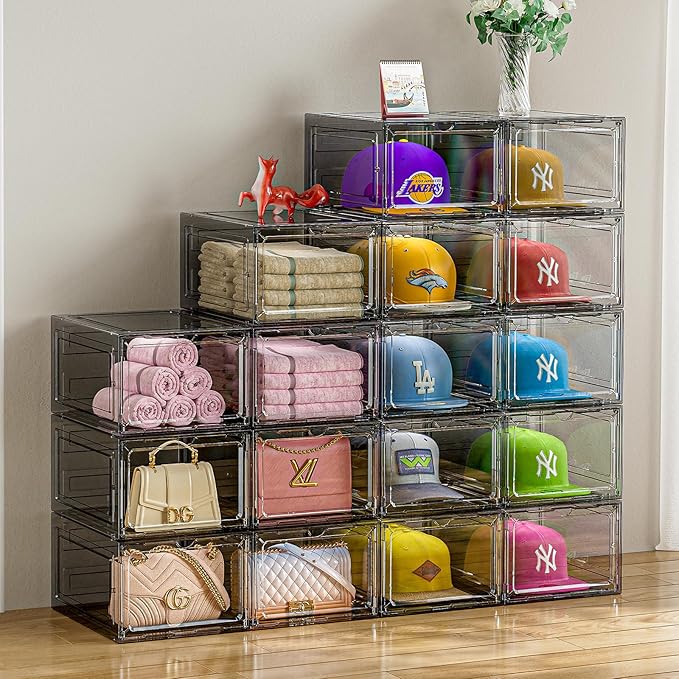 Hat Organizer Box for Baseball Caps, 4 Pack Clear Plastic Hat Storage Box Display Case with Magnetic Door, Hat Rack Holder for Closet, Snapback Organizer, Hold 8 Cap Each