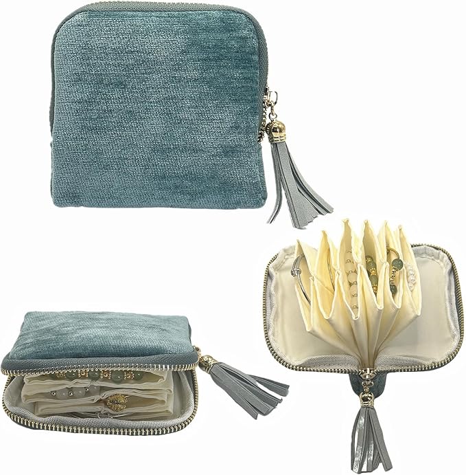 Small Travel Jewelry Case - Jewelry Travel Organizer Bag with Tassel Zipper for Bracelets, Necklaces, Bangles, Jewelry Organizer Storage Bag Gift for Women Girls - LJB001-Mint Blue