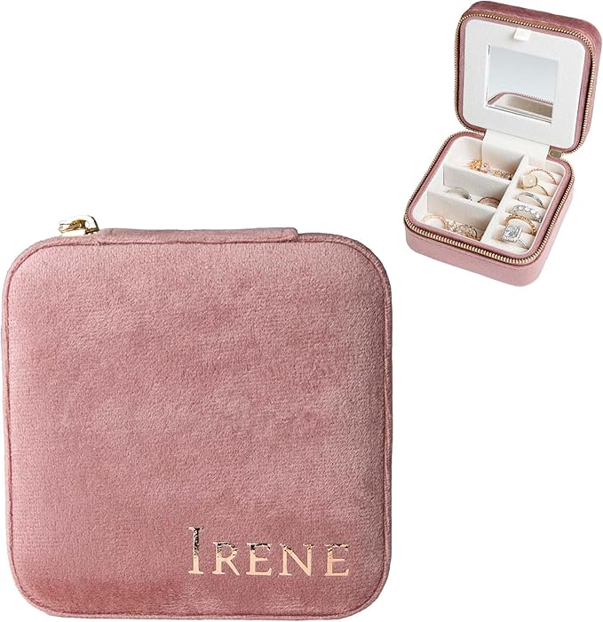 Customizable Compact Velvet Jewelry Box with Mirror, Travel Jewelry Case, Travel Jewelry Organizer, Jewelry Box for Women and Girls, Small Jewelry Organizer (Bottom Right Text, Nude Pink)