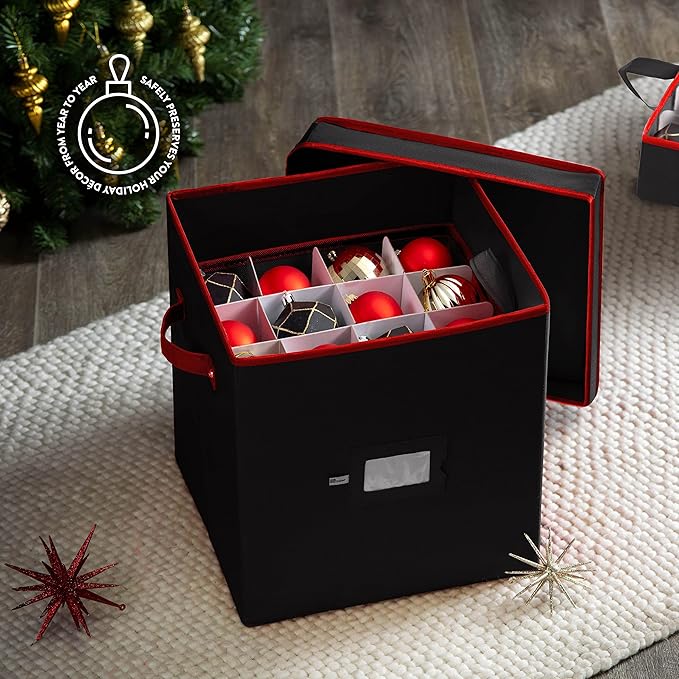 ZOBER Christmas Ornament Storage Box - Stores 64 3" Ornaments with Individual Trays - Tear Proof 600D Oxford Fabric - ornament organizer storage box, Durable Christmas Containers Holder - Black