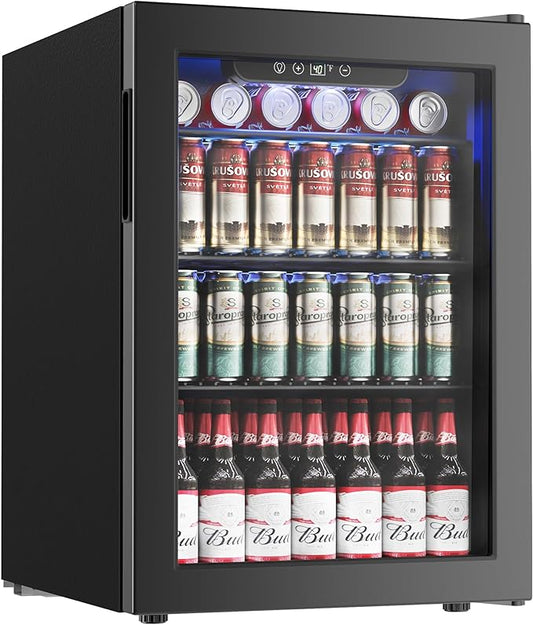 100 Can Beverage Refrigerator Cooler, 2.7 cu.ft Mini Fridge Glass Door for Beer Drinks Wines, Freestanding Beverage Fridge with Adjustable Shelves Blue LED for Home/Office/Dorm/Bar, Black