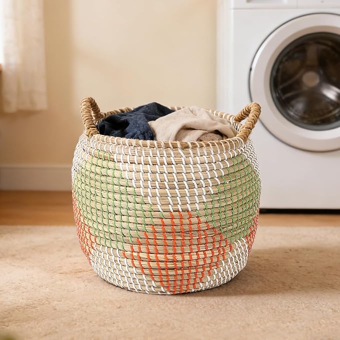 Laundry Basket, 3 Pack Seagrass Baskets, Handwoven Woven Laundry Hamper with Handles, 56L, 28L, 15L for Decor Storage of Dirty Clothes,Toys and Blankets in Bathroom, Nursery, Living Room
