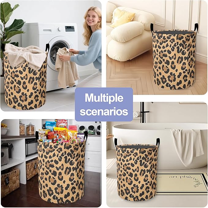 Retro Leopard Print Laundry Hamper Large Canvas Fabric Lightweight Storage Basket/Dirty Clothes Collapsible Waterproof for College Dorms, Boys and Girls Bedroom,Bathroom
