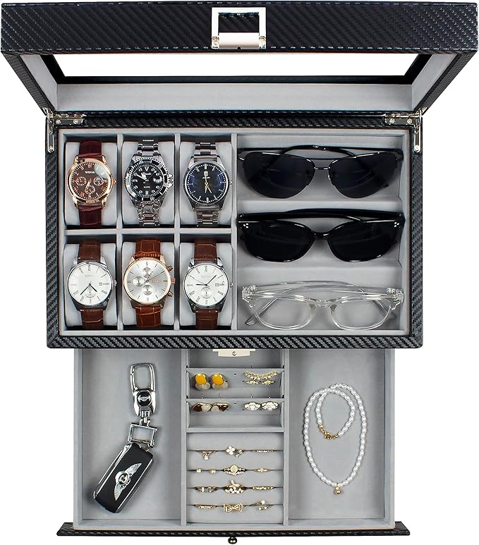 GUKA Watch box, 6 Slot Watch Case, 3 Slot Sunglass Organizer, Watch Cases for men with Real Glass Lid, Watch Organizer storage with Jewelry Case, Birthday for Men and Women,