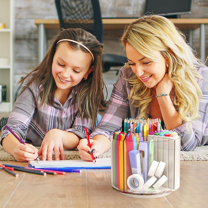 Absonic Pencil Holder for Kids, 360 Rotating Pen Holder for Desk Organizer and Storage, 4 Compartments Art Supply Marker Organizer, Acrylic Kids Desk Organizer for School Lazy Susan Organizer