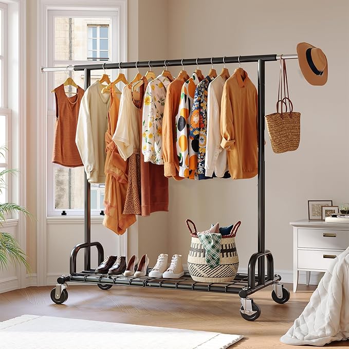 Raybee Heavy Duty Clothes Rack, Clothing Racks for Hanging Heavy Clothes 200+, Rolling Clothing Rack Load 530 LBS, Extendable & Adjustable Portable Commercial Garment Rack with Wheels, Black