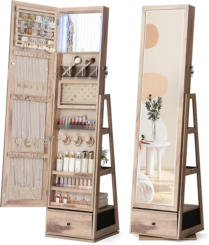 Nicetree 360° Swivel Jewelry Cabinet with Lights, Touch Screen Vanity Mirror, Rotatable Full Length Mirror with Jewelry Storage, Standing Jewelry Armoire Organizer, Foldable Makeup Shelf, Toasted Oak