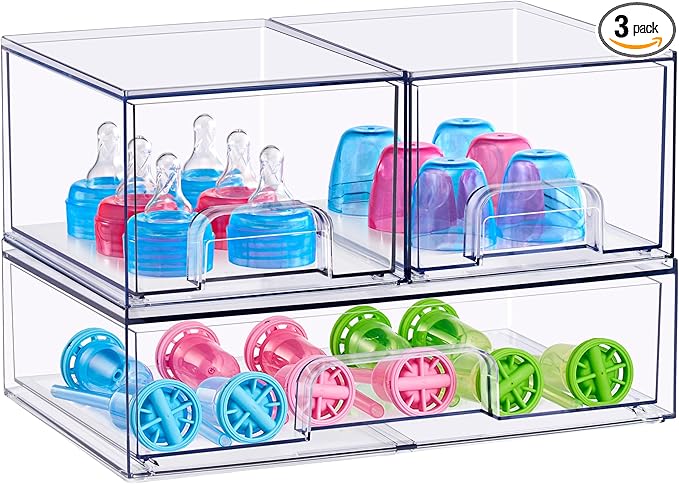 Sorbus Stackable Acrylic Storage Drawers – 2 Small + 1 Wide – 3 Pack Clear Plastic Organizer Bins for Baby Bottles, Makeup, Bathroom & Vanity, Pull-Out Drawer Design for Kitchen Cabinets