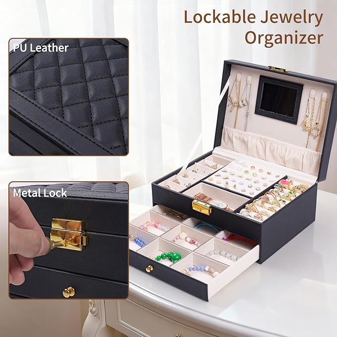 Jewelry Box, 2 Layer Jewelry Organizer with Velvet Earring Organizer, Jewelry Holder Organizer Travel, White Jewelry Boxes for Women, Jewelry Boxes & Organizers for Girls, Black