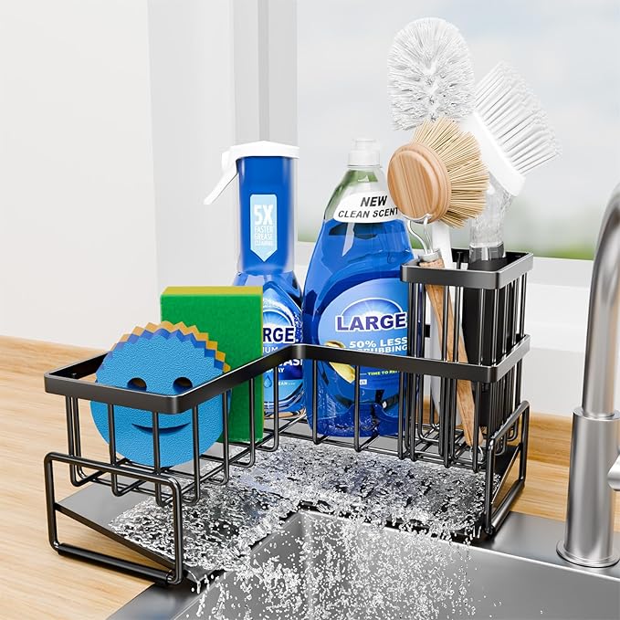 Large Sponge Holder for Kitchen Sink, Sink Caddy Organizer with Dish Brush Holder for Countertop Corner Storage Rack, Metal L-Shaped Kitchen Sink Sponge Soap Organizer Storage Ideas