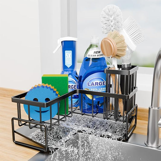 Large Sponge Holder for Kitchen Sink, Sink Caddy Organizer with Dish Brush Holder for Countertop Corner Storage Rack, Metal L-Shaped Kitchen Sink Sponge Soap Organizer Storage Ideas