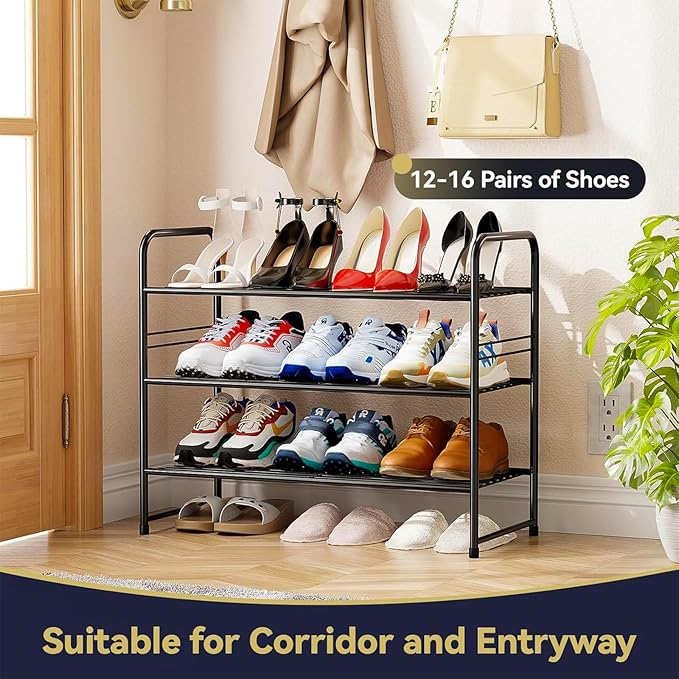 Shoe Rack, Closet Metal Wire 3 Tier 27”Long Shoe Organizer Shelf for Entryway,Stackable, Black