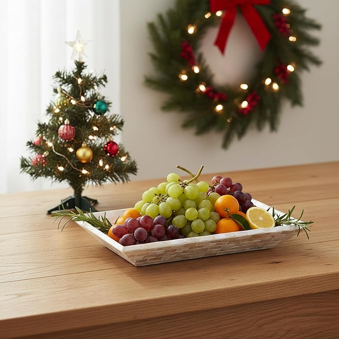 PEMAR 12"x7" Mother of Pearl Decorative Tray with Raised Edge for Coffee Table Perfume Living Room Kitchen Bathroom. Elegant Multipurpose Centerpiece Vanity, Fruit Display Serving Tray & Bowl