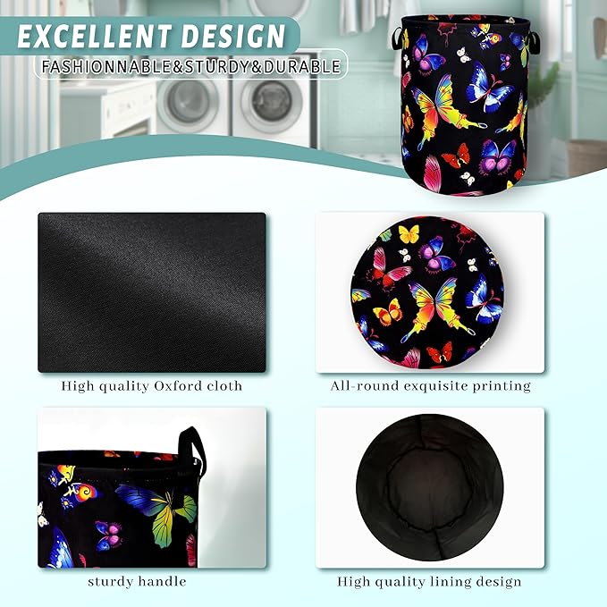 Colorful Butterfly Laundry Hamper Foldable With Handles Tote Bag Universal Oxford Cloth Butterflies Laundry Basket Clothes Toy Storage Bucket 18.9" x 16.5 "For Bathroom/Laundry/Bedroom