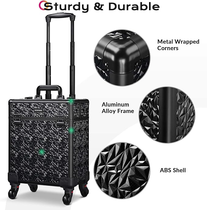 BYOOTIQUE Rolling Makeup Train Case on Wheels 3-Piece Lockable Cosmetology Organizer Kit Hair Tool Travel Bag for Lash Artist Nail Slon Beauty Studio Hairstylist Manicurist,Mermaid Black