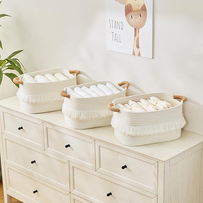 Storage Bins Woven Baskets for Storage Set of 3, Cotton Rope Basket with Handles for Toys/Shelves/Laundry, Rectangle Multi-Purpose Organizer for Living Room, Bedroom, Nursery (White)