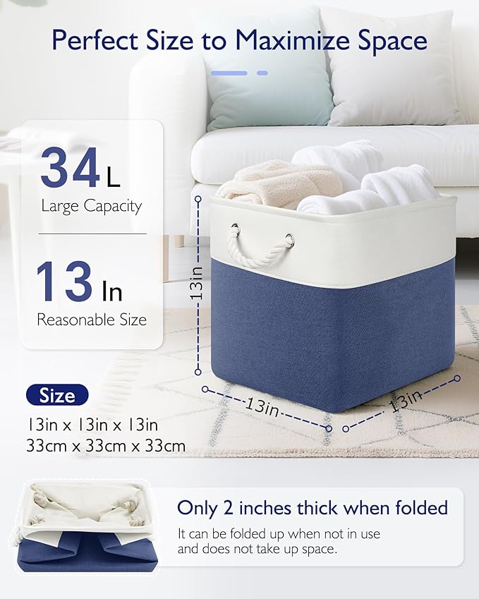 13x13x13 Storage Cube Bins,Set of 4, Large Foldable Fabric Storage Cubes with Handles for Organizing Home, Closet, Shelf, Office(White&Blue)