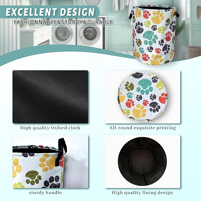 Colorful Dog Paw Laundry Basket With Handles Oxford Cloth Tote Bag Animal Laundry Hamper 18.9" x 16.5" Foldable Clothes Storage Bucket Toy Organizer For Bathroom/Laundry/Bedroom