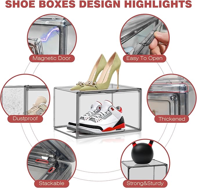 10 Pack Large Clear Shoe Box Shoe Storage Organizer with Magnetic Door Stackable Shoe Containers for Sneakers, High Heels, Sport Shoes, Size 13