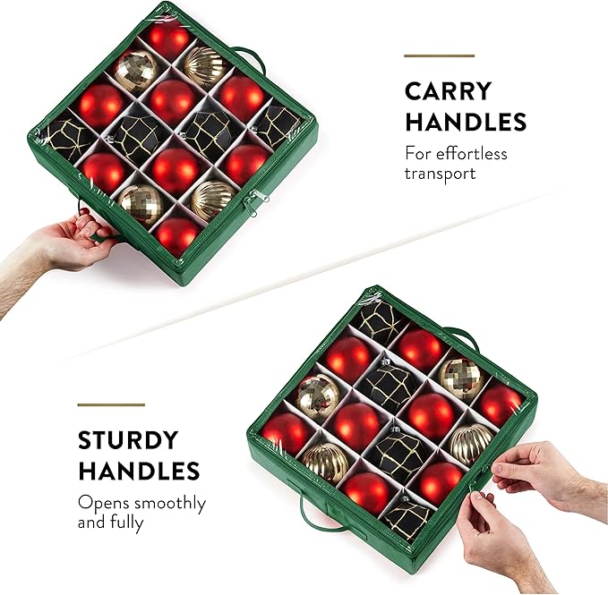 ZOBER Premium Christmas Ornament Storage Box with Lid 3" Compartment, Contains 4 Trays W Transparent Zippered Cover for More Protection (Green)