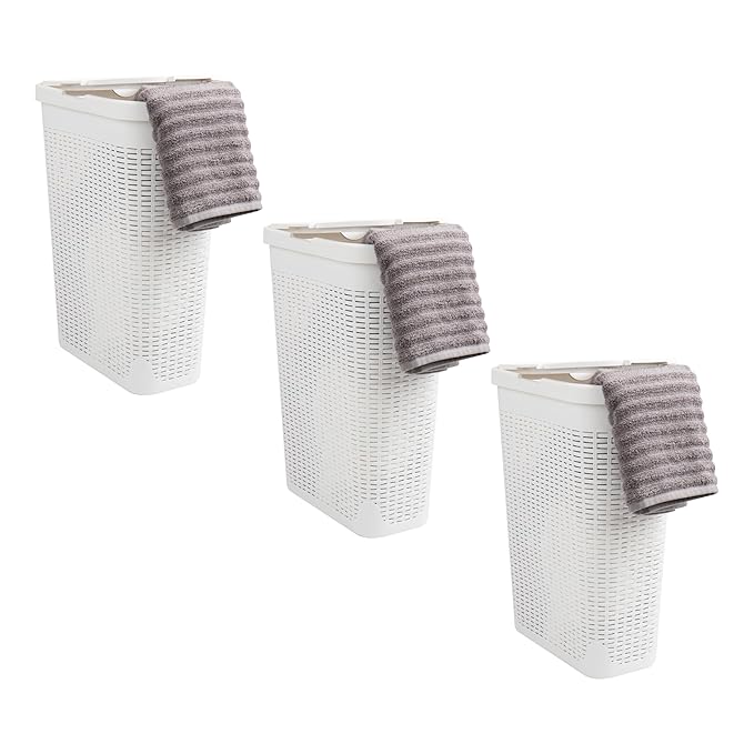 Mind Reader 40L Slim Laundry Hamper, Clothes Basket, Lid, Premium Wicker Design, Plastic, Set of 3, White