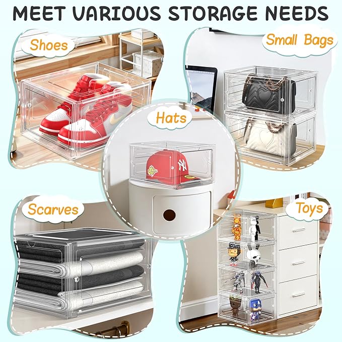 6 Pack Hat Organizer Box, Stackable Clear Baseball Caps Holder Box Containers with Magnetic Door for Hats Snapback Cap Storag, Hat Rack Display Case, Holds 8 Hats Each (Clear)