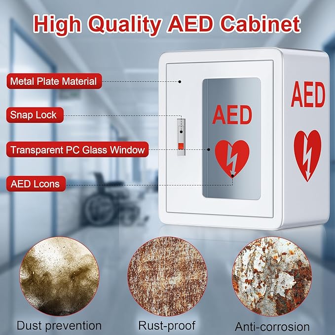 AED Cabinet Wall Mounted, AED Defibrillator Storage Cabinet with Snap Lock, Transparent Window fits for Home, Office, Hospital and Public Places, 14 x 7.8 x 15.7 Inch