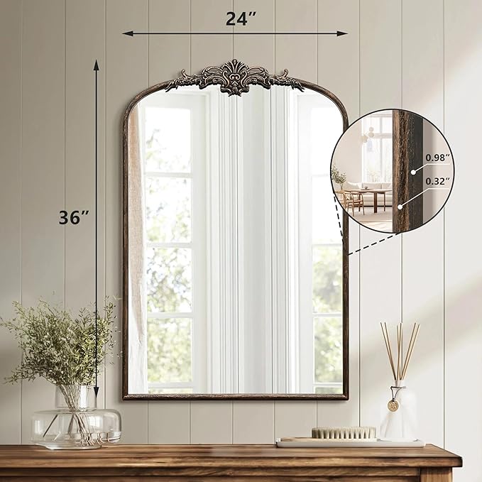 Besdomus Antique Large Arched Mirror: 24"x36" Arch Black Vintage Wall Mounted Mirror - Traditional Ornate Home Decor for Entryway/Fireplace/Bathroom/Bedroom - Idea for Young Couples